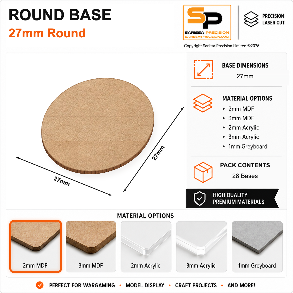 27mm Round Base Pack (x 27) – 2mm MDF
