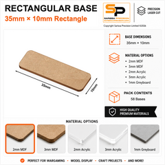 Rectangular Bases – 10mm Deep – 35×10mm (×58) / 2mm MDF / Rounded Corners