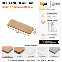 Rectangular Bases – 10mm Deep – 35×10mm (×58) / 2mm MDF / Square Corners