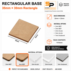 Rectangular Bases – 30mm Deep – 35×30mm (×19) / 3mm MDF / Rounded Corners