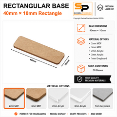 Rectangular Bases – 10mm Deep – 40×10mm (×50) / 2mm MDF / Rounded Corners