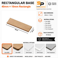 Rectangular Bases – 10mm Deep – 40×10mm (×50) / 2mm MDF / Square Corners