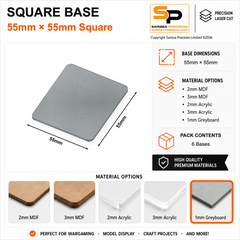 Square Bases – 55×55mm (×6) / 1mm Greyboard / Rounded Corners