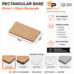 Rectangular Bases – 30mm Deep – 65×30mm (×10) / 2mm MDF / Rounded Corners