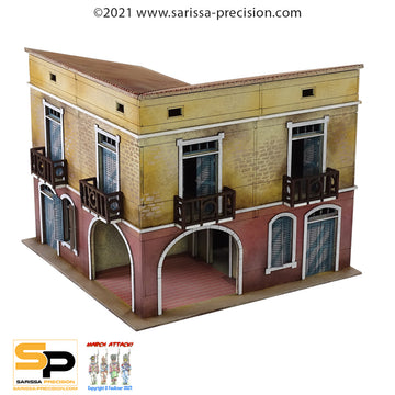 Mediterranean Corner Tavern - 2 Floors with Balcony and Sloped Roof